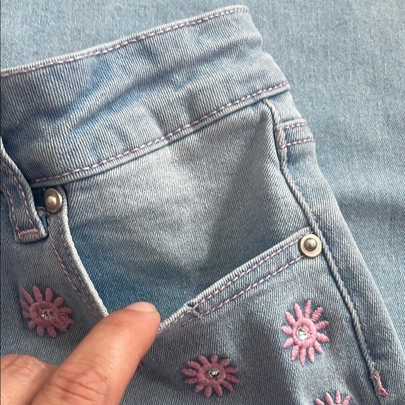 1st Kiss Light Blue Wide Leg Jeans with Pink Floral Accents - Picture 3 of 9